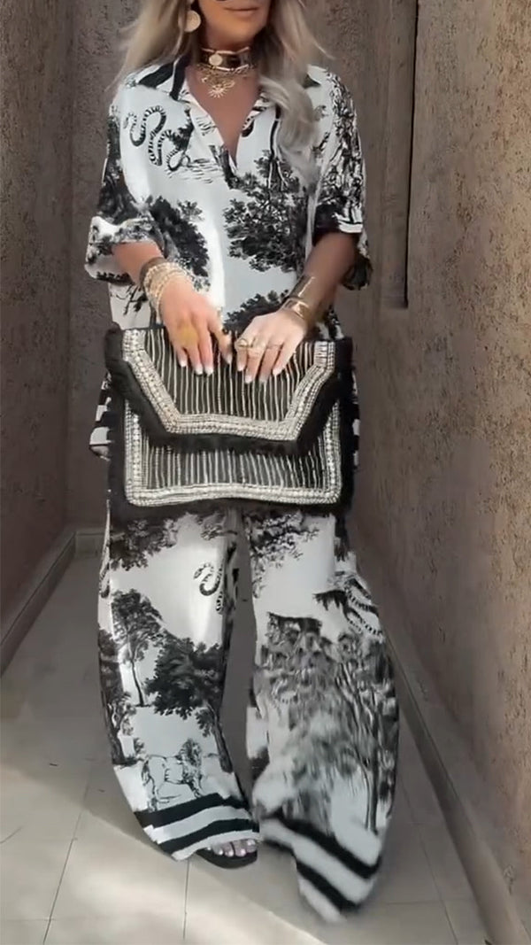 Women's V-neck Top + Printed Trousers Casual Suit